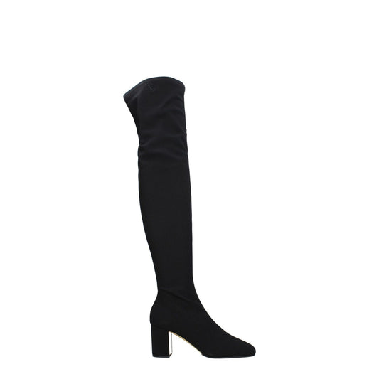 Valentino Garavani Black Fabric Over The Knee boots with square toe and mid heels, featuring a side logo and zip closure.