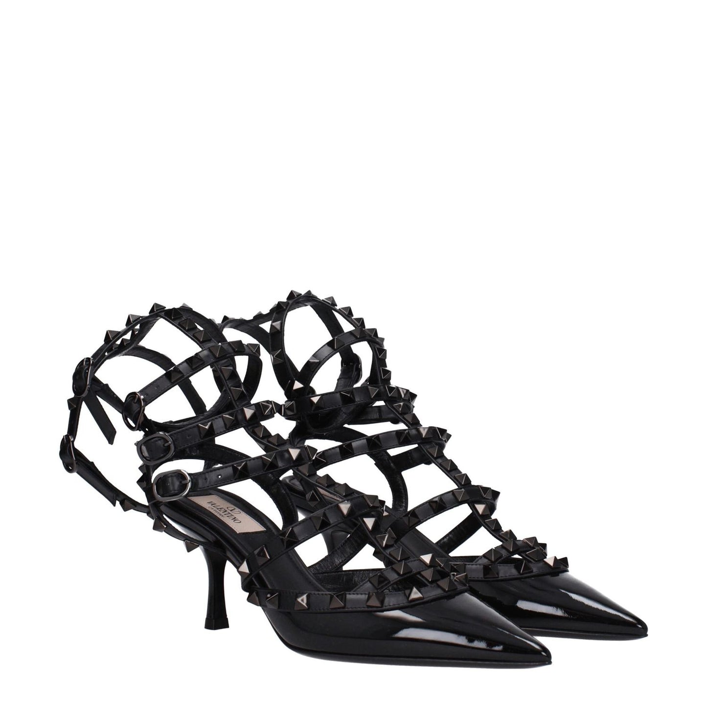 Valentino Garavani Black Leather Stiletto Heel Sandals with stud details, pointy toe, and buckle closure, made of patent leather.