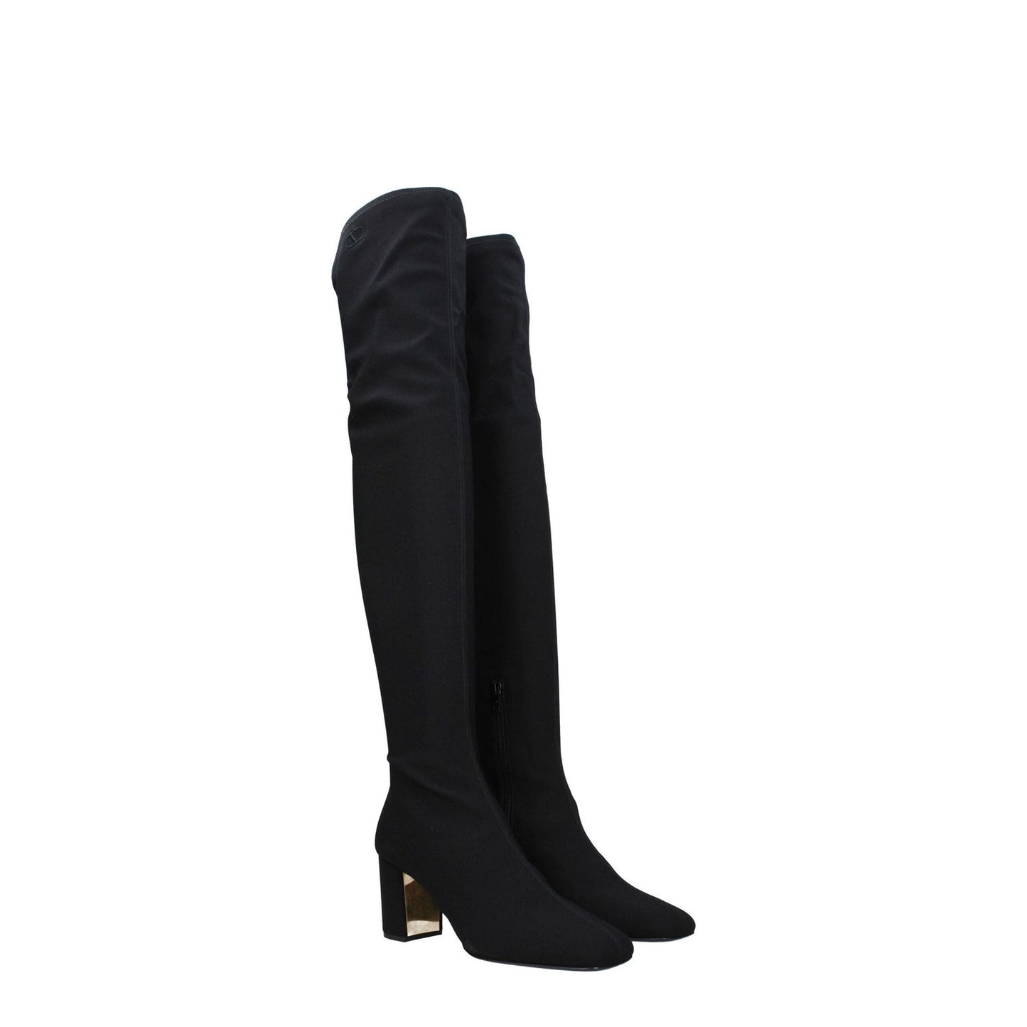 Valentino Garavani Black Fabric Over The Knee boots with leather sole, mid heels, zip closure, and square toe design.