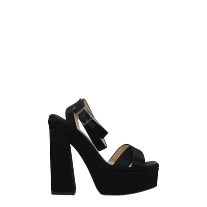 Jimmy Choo Black Satin Platform Sandals with high heel, open toe, and buckle closure. Elegant footwear for casual style.