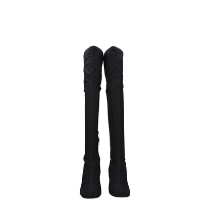 Valentino Garavani Black Fabric Over The Knee boots with leather sole, zip closure, mid heels, and square toe.
