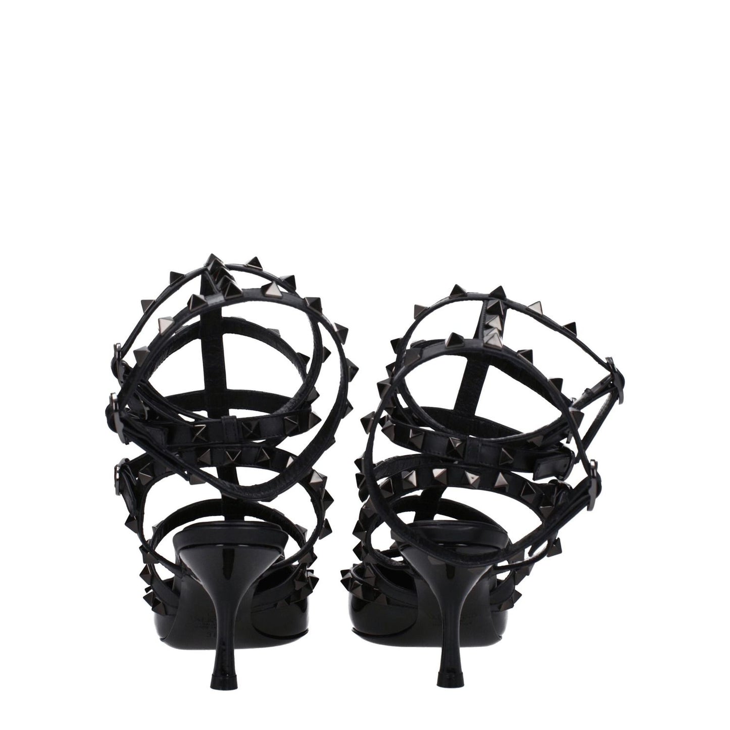 Back view of Valentino Garavani Black Leather Stiletto Heel Sandals with studs and buckle closure.