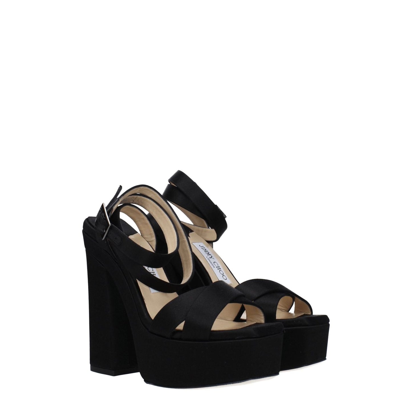 Jimmy Choo Black Satin Platform Sandals with high heel, open toe, and buckle closure on a leather sole.