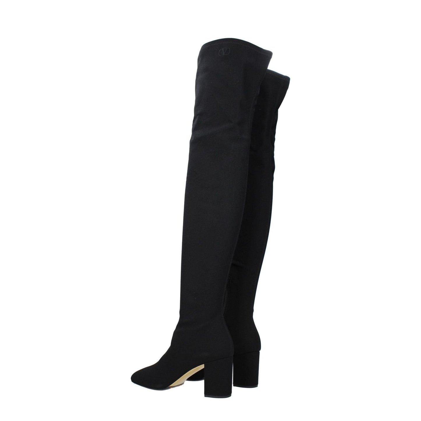 Valentino Garavani Black Fabric Over The Knee boots, square toe, zip closure, mid heels, side logo, leather sole, heel height 7 cm.