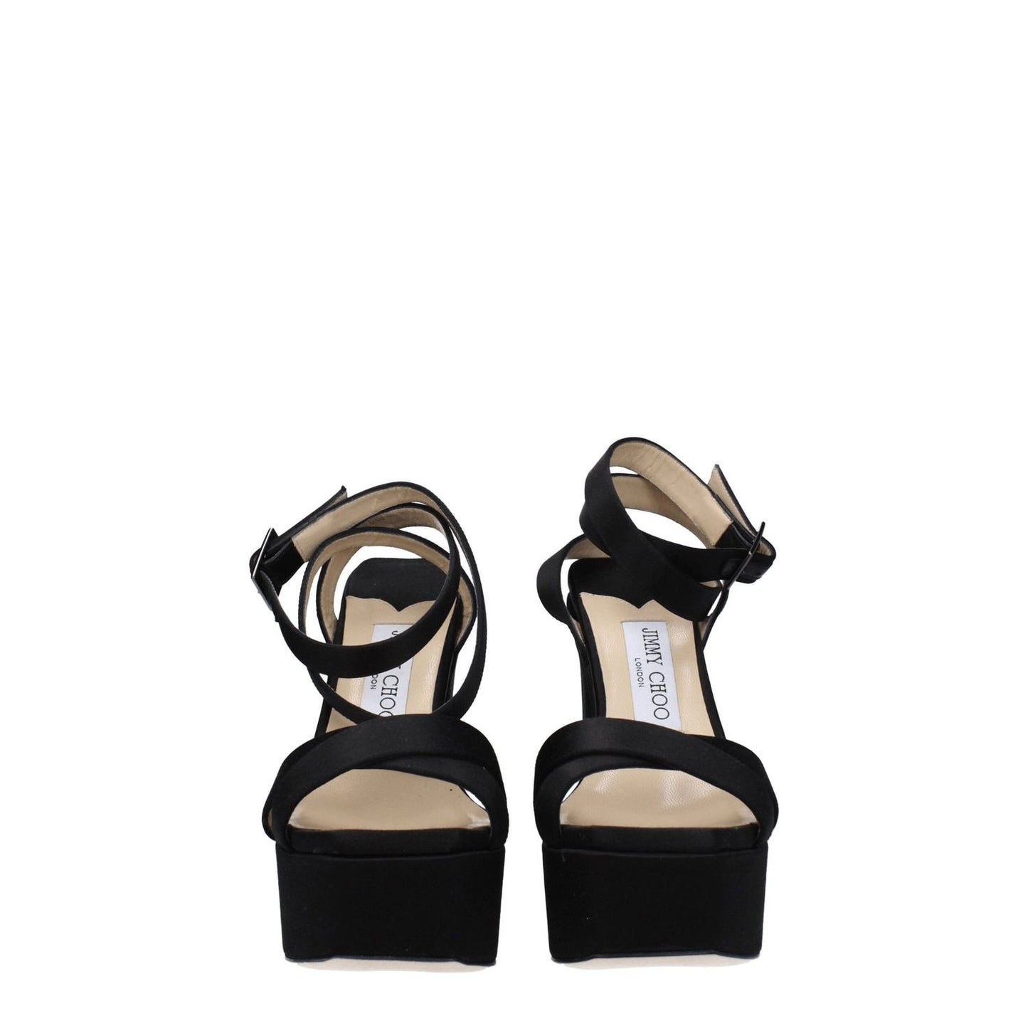 Jimmy Choo Black Satin Platform Sandals with buckle closure and high heels, open toe design, perfect for casual occasions.
