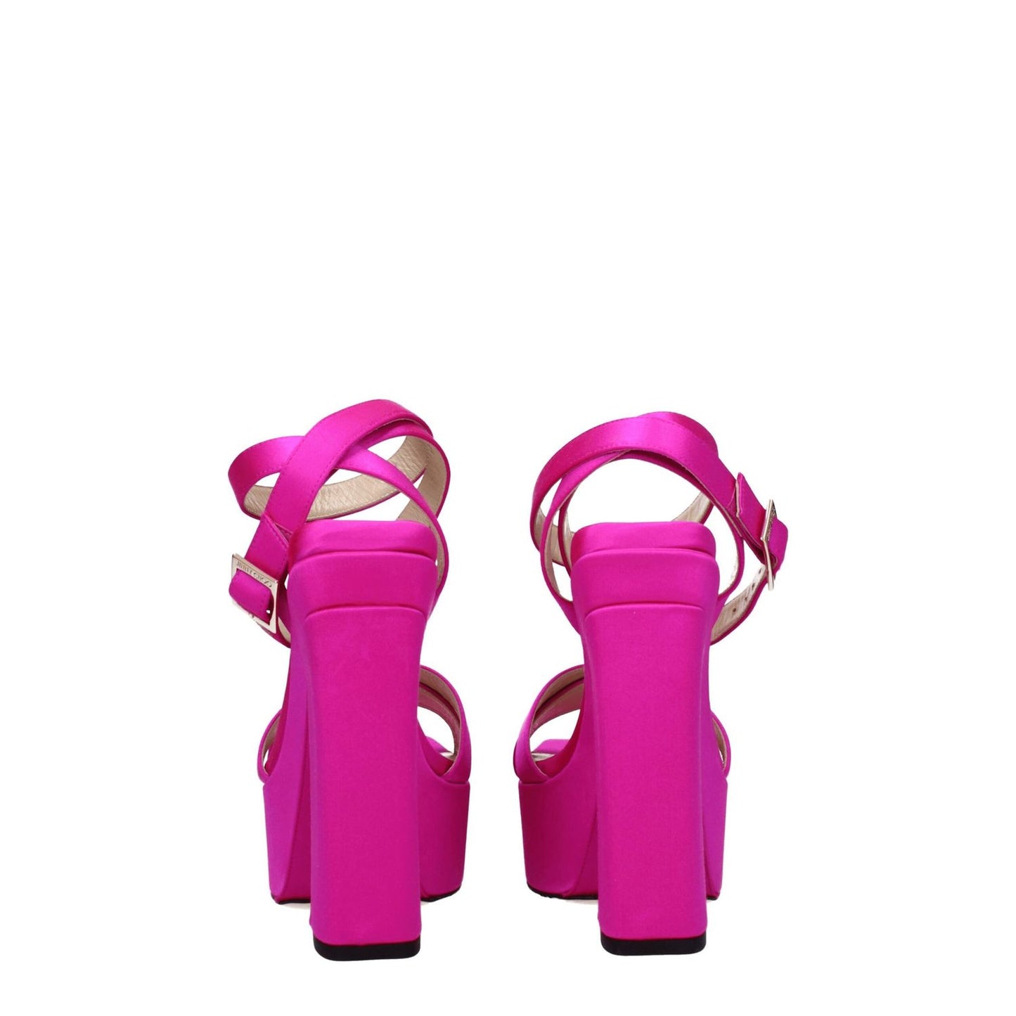 Jimmy Choo Pink Satin Platform Sandals with high heel and buckle closure, rear view showcasing vibrant fuchsia satin and leather sole.