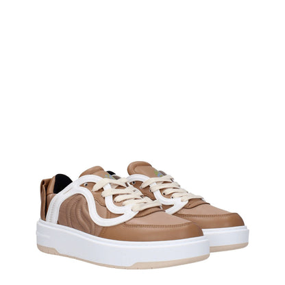 Stella McCartney Brown Fabric Chunky Sneakers with lace-up closure, round toe, and rubber sole; includes front and back logos.