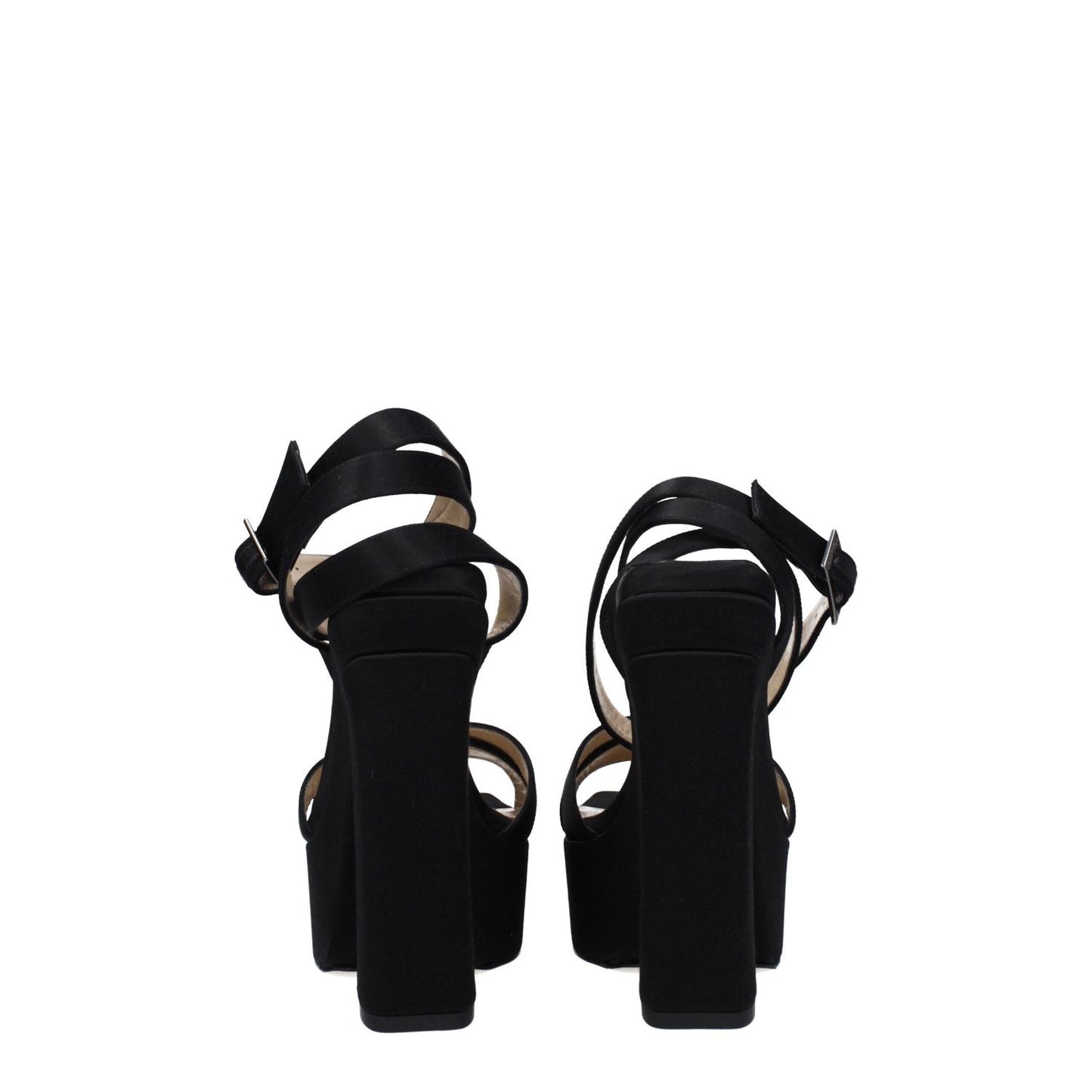 Jimmy Choo Black Satin Platform Sandals with buckle closure, open toe, high heel, leather sole, and rear view of the straps and heel.