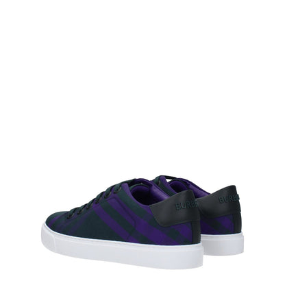 Burberry Green Fabric Sneakers with violet check pattern, logo on back, lace-up closure, rubber sole, and round toe design. Casual style.