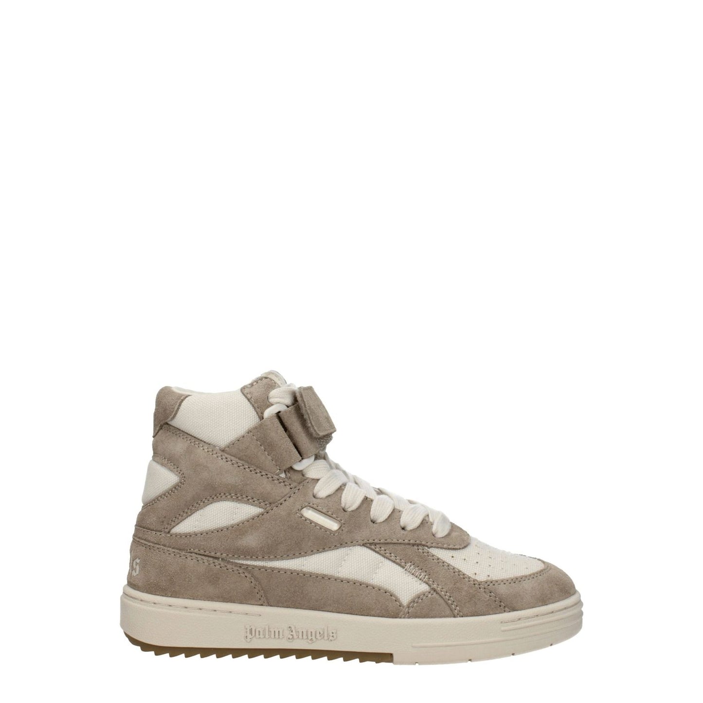 Palm Angels Beige Leather High Top Sneakers with logo details, strap closure, suede material, and rubber sole, featuring sporty glam style.