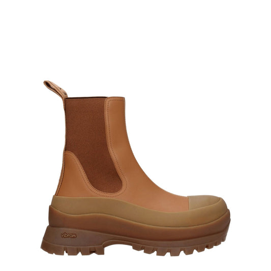 Stella McCartney Brown Leather Ankle Boots with eco leather, mid heels, round toe, and rubber sole, featuring back logo.