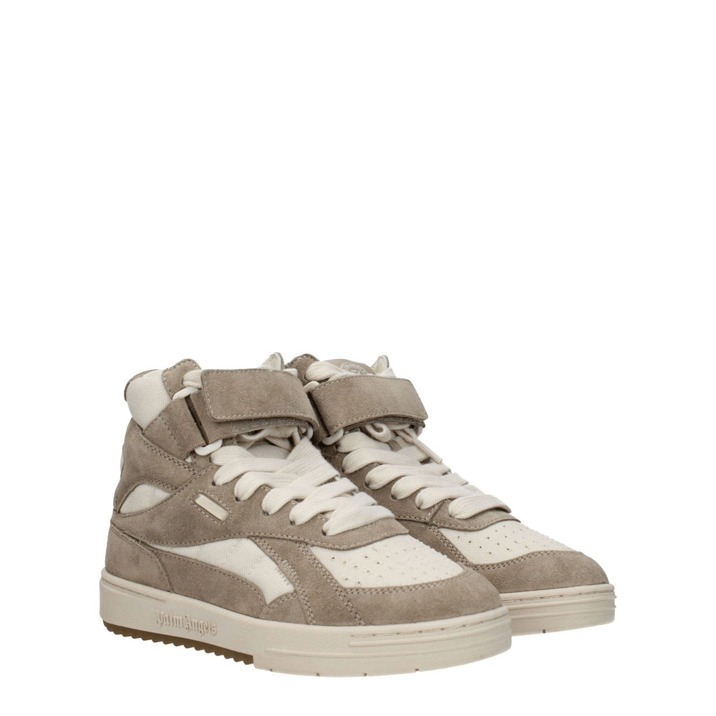 Palm Angels Beige Leather High Top Sneakers with suede material and strap closure on a white background