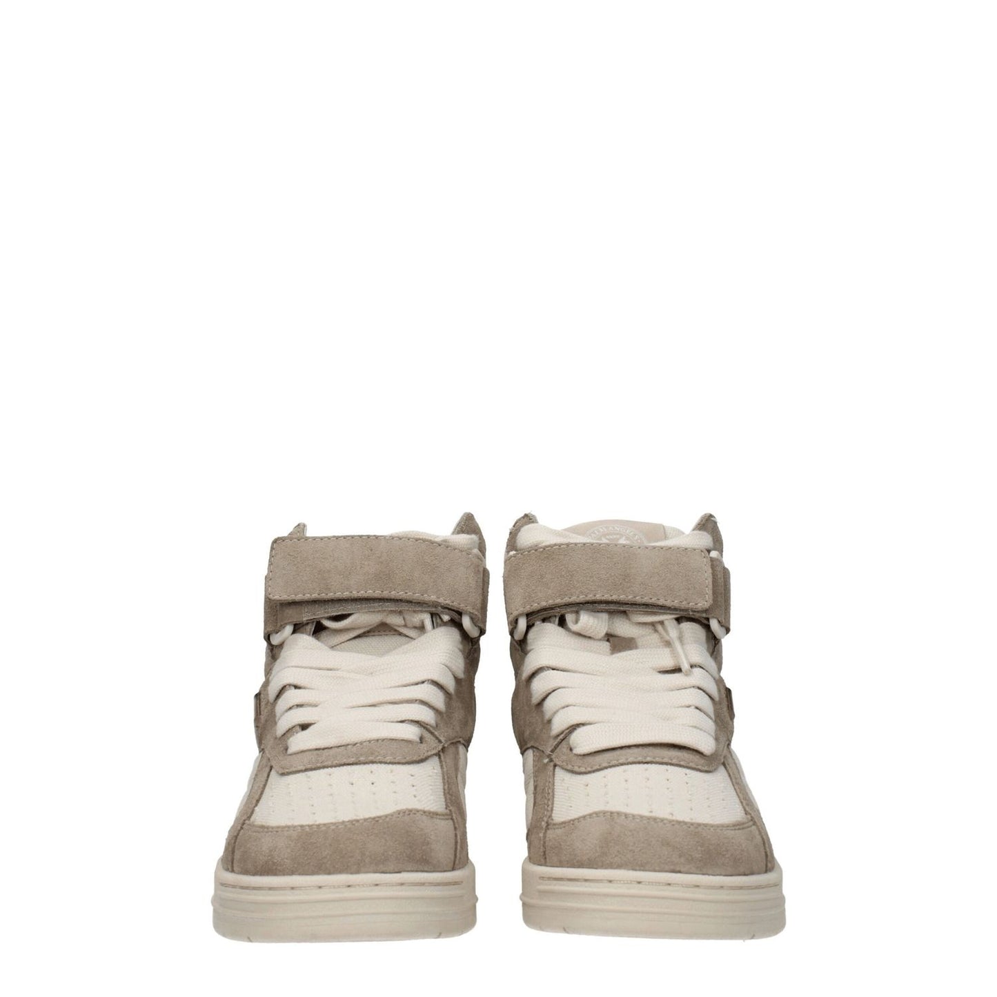Palm Angels Beige Leather High Top Sneakers with front, side, and back logos, sporty glam style, featuring suede material and strap closure.