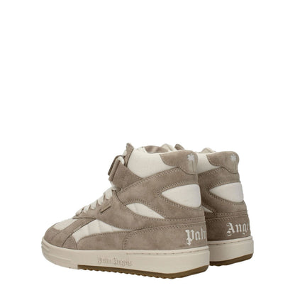 Palm Angels Beige Leather High Top Sneakers with strap closure and front, side, back logos, featuring suede upper and rubber sole.
