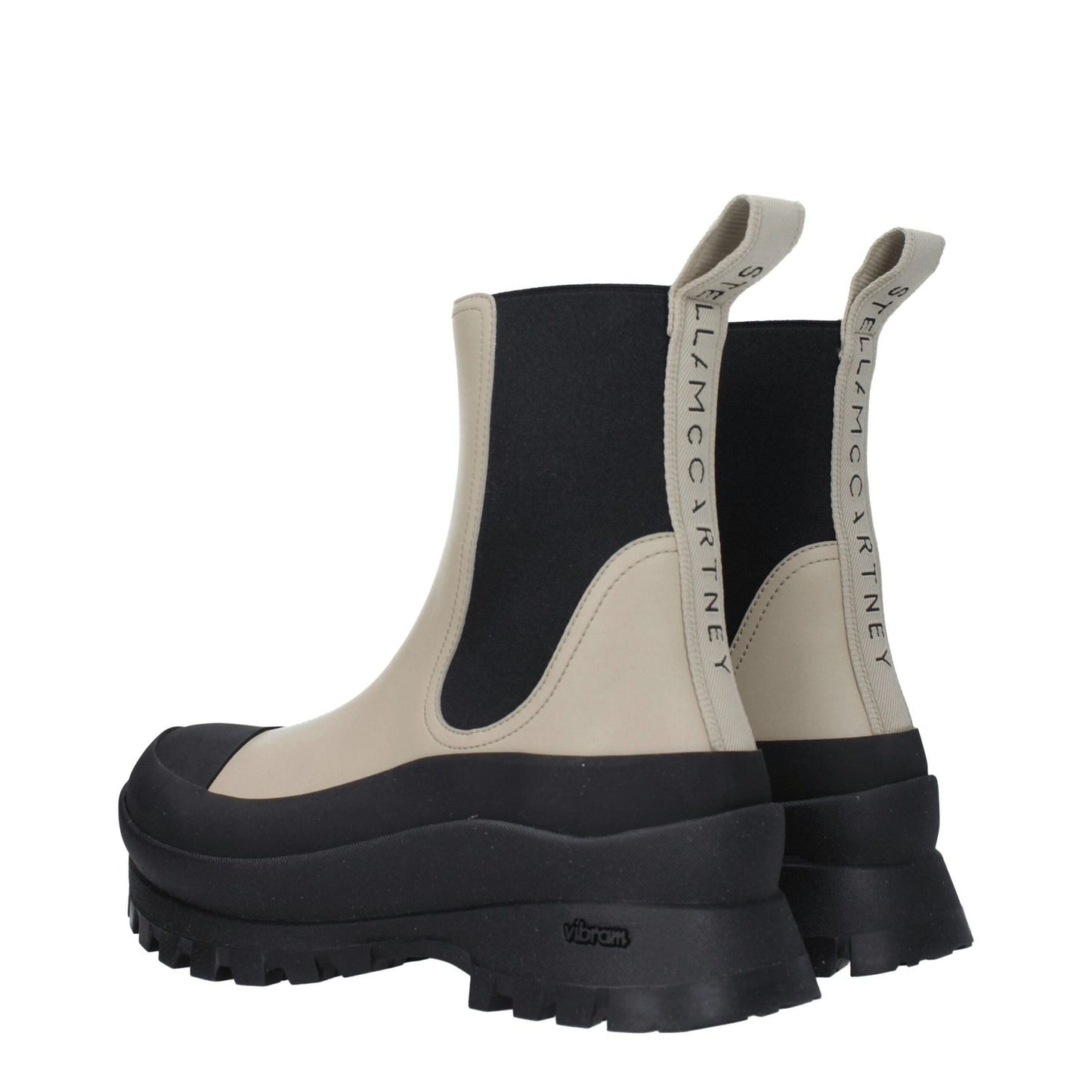 Stella McCartney Black Leather Ankle Boots in eco leather with taupe accents, mid heels, and back logo detail.