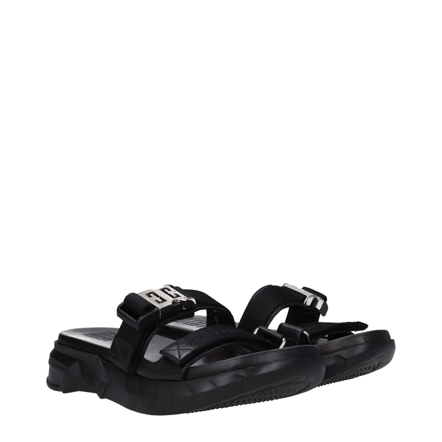 Givenchy Black Fabric Slippers with silver clip closures and rubber sole, open toe design, mid heels, front logo detailing.