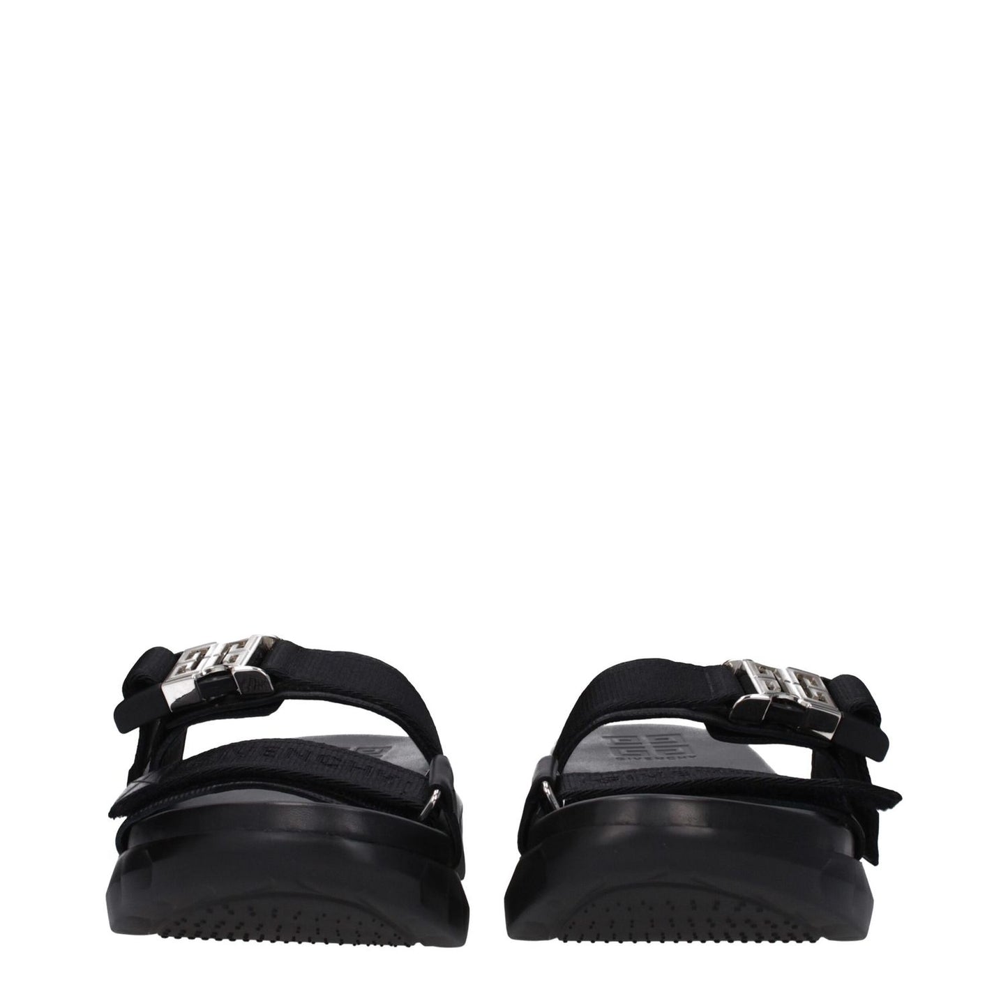 Givenchy Black Fabric Slippers with silver clip closure, rubber sole, open toe, mid heels, featuring front logo design.