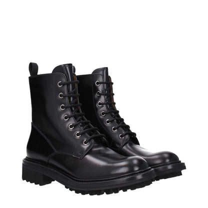 Church's Black Leather Ankle Boots with lace-up closure, vintage effect, and round toe design. Casual style with rubber sole.