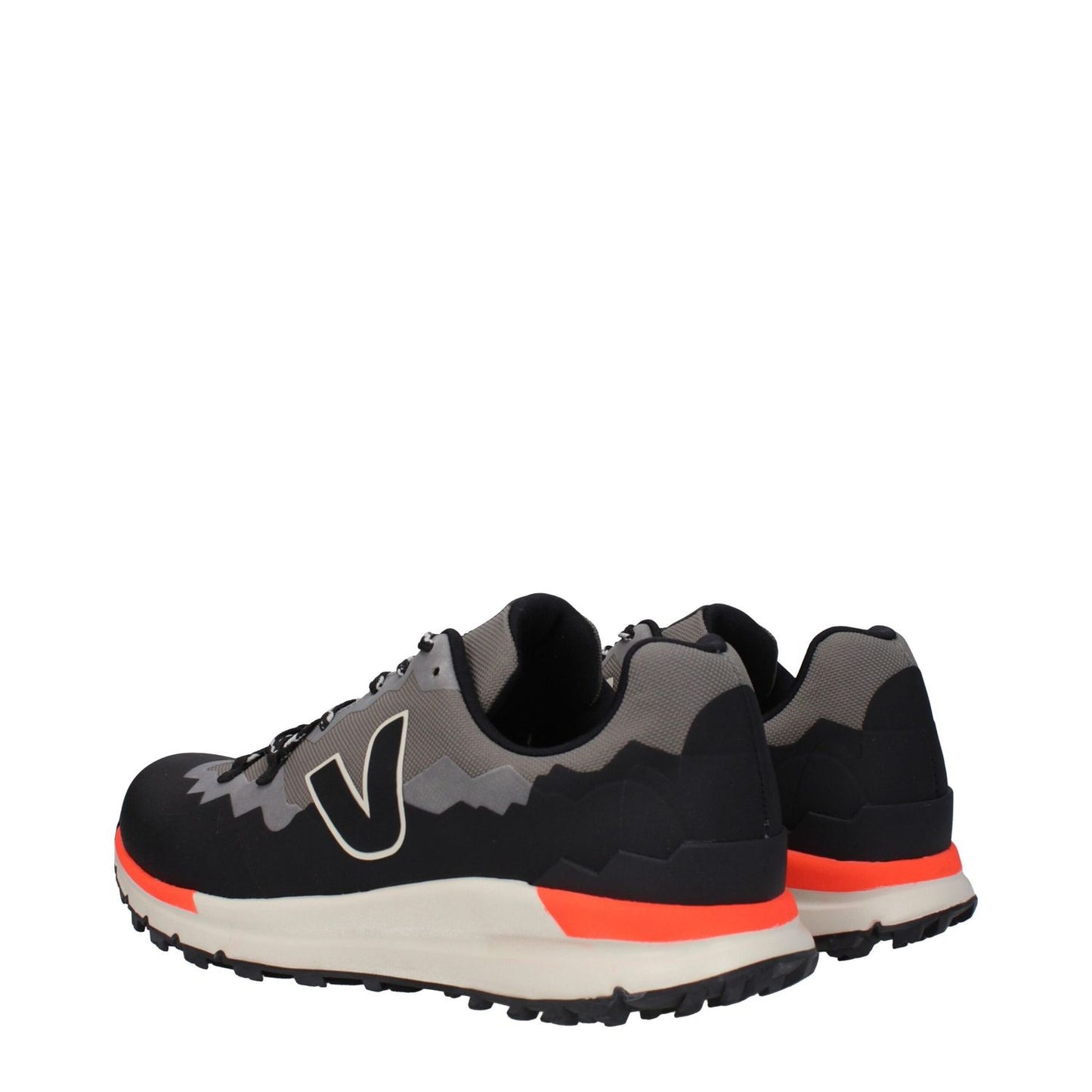 Veja Gray Fabric Athletic Sneakers with black accents, front and side logos, lace-up closure, and rubber sole.