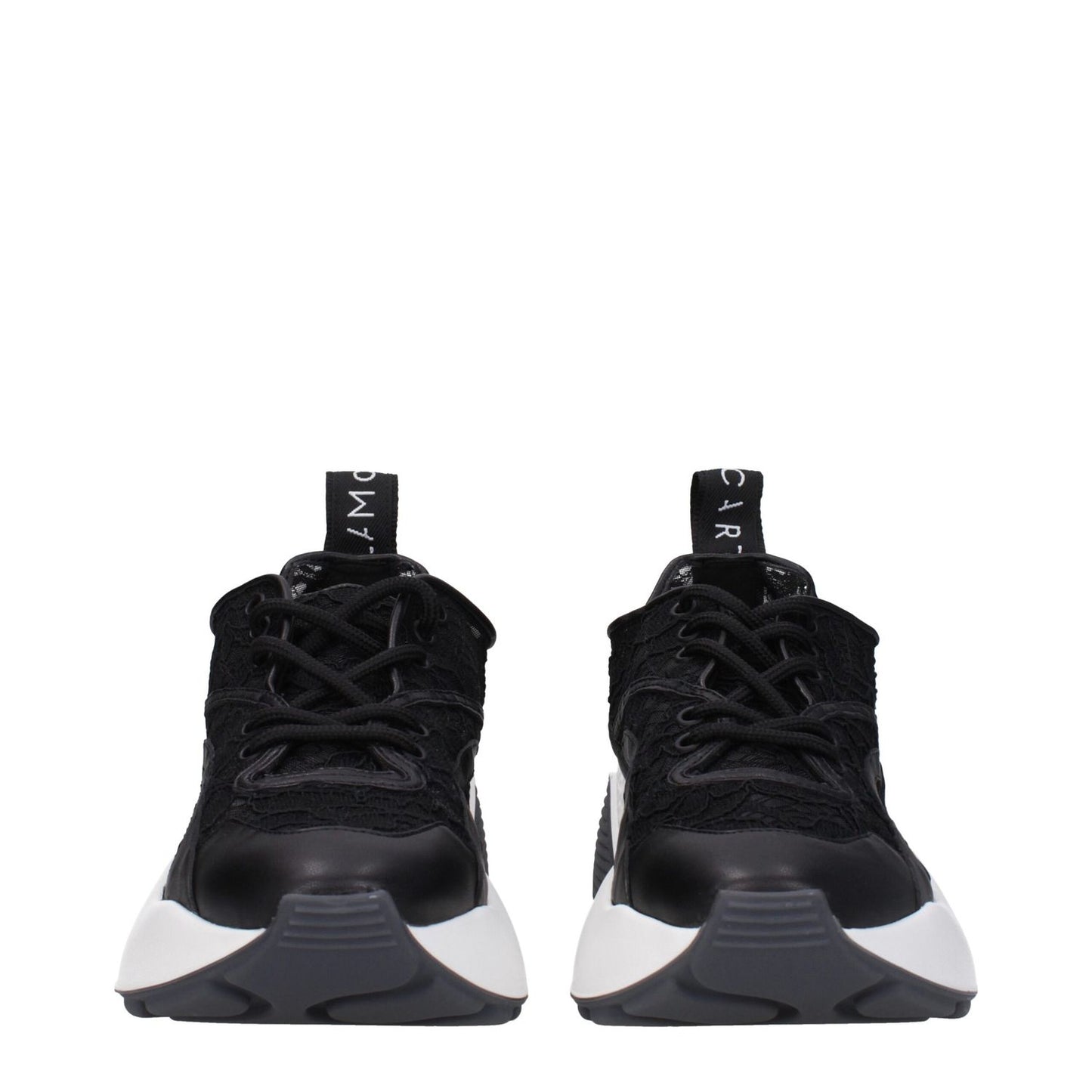 Stella McCartney Black Fabric Chunky Sneakers with lace-up closure, rubber sole, and round toe design, featuring logo on back.