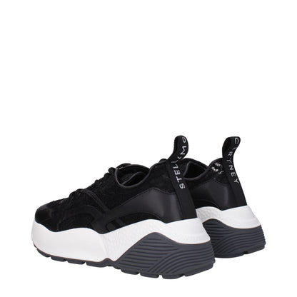 Stella McCartney Black Fabric Chunky Sneakers with lace-up closure, rubber sole, and mid heels, featuring a back logo.