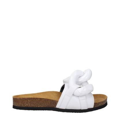 Jw Anderson White Leather Slippers with open toe and rubber sole, featuring a unique front detail design for casual style.