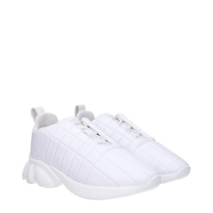 Burberry White Leather Sneakers with front and back logo, casual style, lace-up closure, rubber sole, round toe, mid heels.