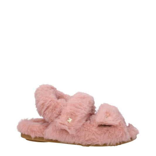 Max Mara Pink Fur Flat Sandals with side logo, eco fur material, casual style, strap closure, and rubber sole.