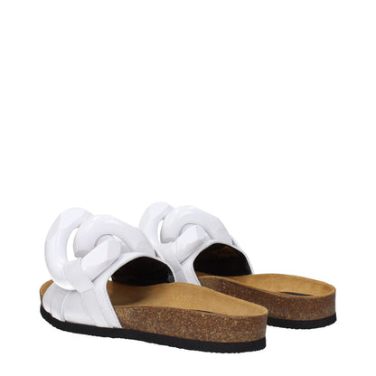 Jw Anderson White Leather Slippers with open toe and low flat heel, featuring distinctive front detail and rubber sole.