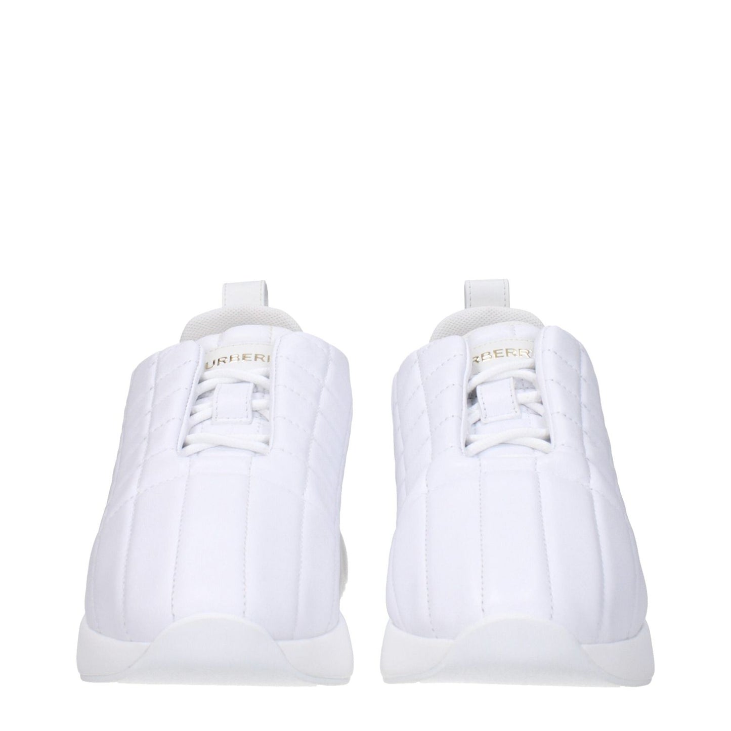 Burberry White Leather Sneakers featuring front and back logo, lace-up design, round toe, mid heels with rubber sole, style code F79878.