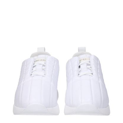 Burberry White Leather Sneakers featuring front and back logo, lace-up design, round toe, mid heels with rubber sole, style code F79878.