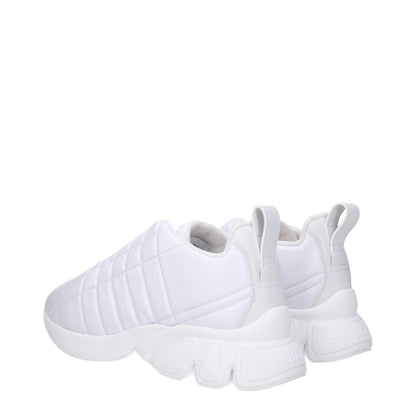 Burberry White Leather Sneakers with front and back logo, lace-up closure, rubber sole, mid heels, round toe, casual style.