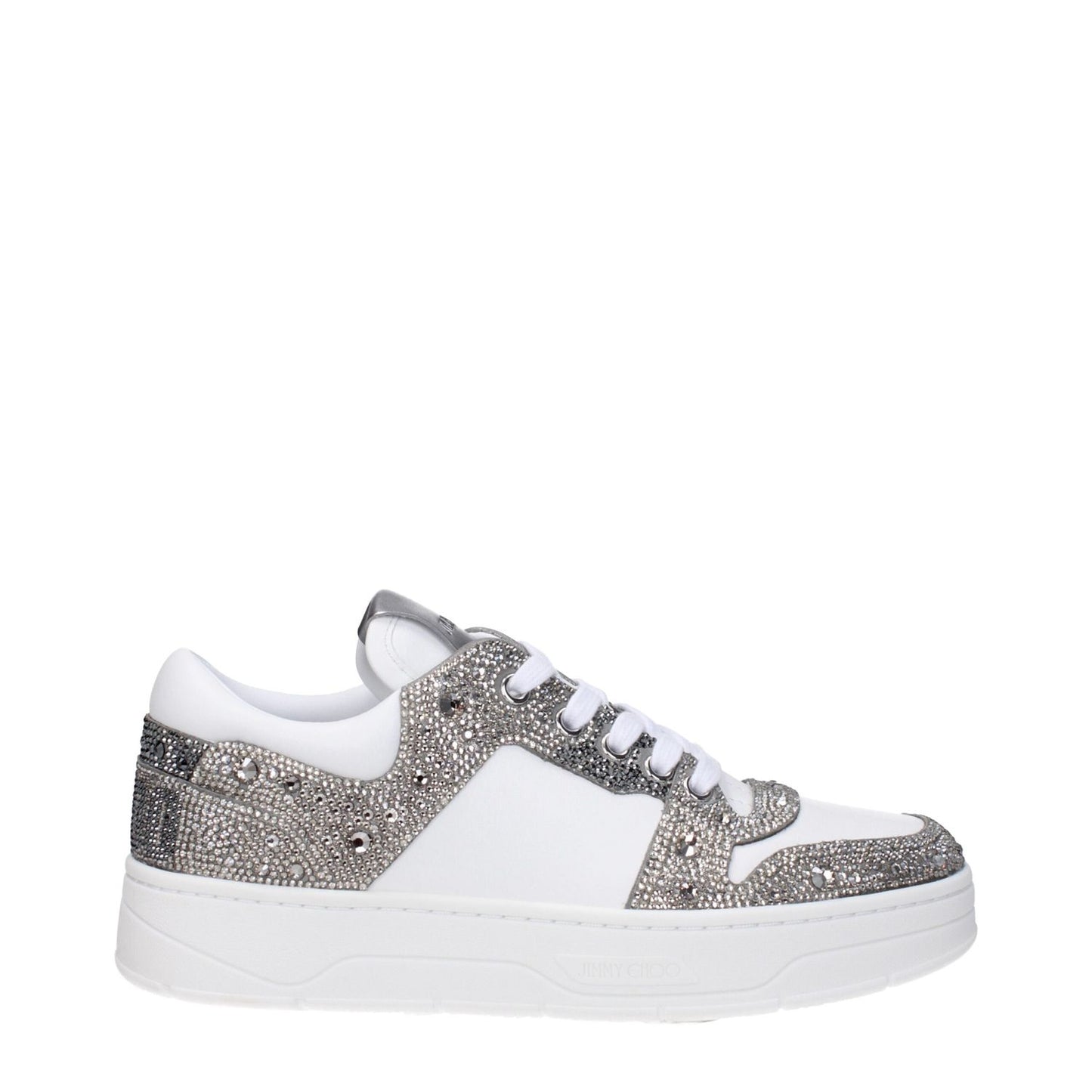 Jimmy Choo White Leather Chunky Sneakers with rhinestones and logos, lace-up closure, rubber sole, silver accents, and round toe design.