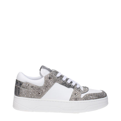 Jimmy Choo White Leather Chunky Sneakers with rhinestones and logos, lace-up closure, rubber sole, silver accents, and round toe design.