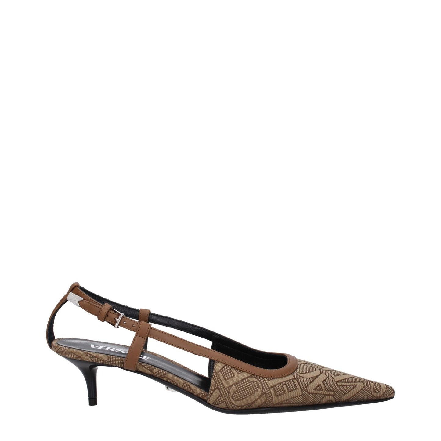 Versace Beige Fabric Mid Heel Pumps with pointy toe, logo design, buckle closure, leather sole, mid heel, 7.5 cm heel height.