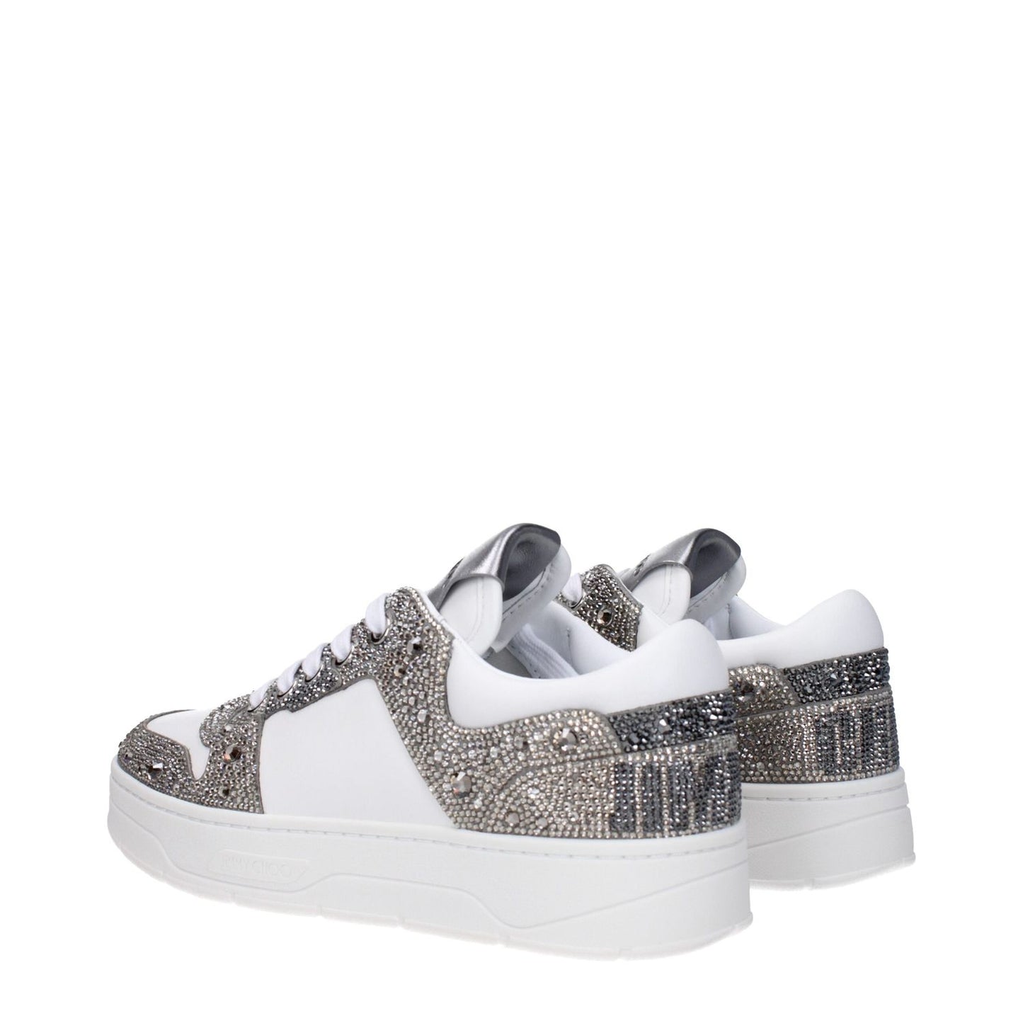Alt Tag: Jimmy Choo White Leather Chunky Sneakers with rhinestones, lace-up closure, round toe and flat heel, side and back logos.
