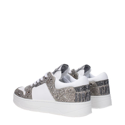 Alt Tag: Jimmy Choo White Leather Chunky Sneakers with rhinestones, lace-up closure, round toe and flat heel, side and back logos.