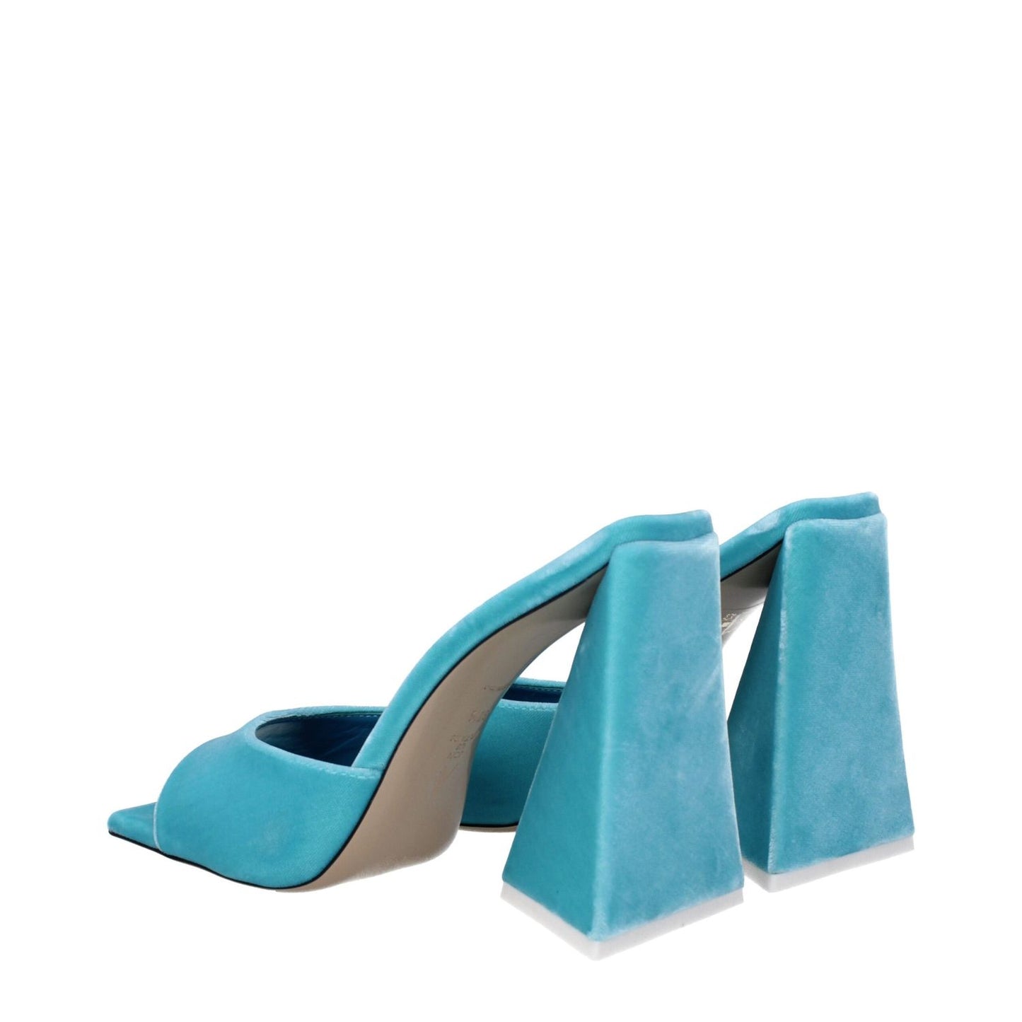 The Attico Light Blue Velvet Platform Sandals with high heel and open toe design, showcasing turquoise hue and leather sole.
