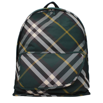 Burberry Green Fabric Large Backpack with adjustable straps, featuring plaid print, zip closure, and multiple pockets for convenient storage.