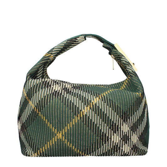 Burberry Green Fabric Handbag with gold accents, medium size, zip closure, and check print. MPN 808204MEDIA7. Stylish designer handbag.