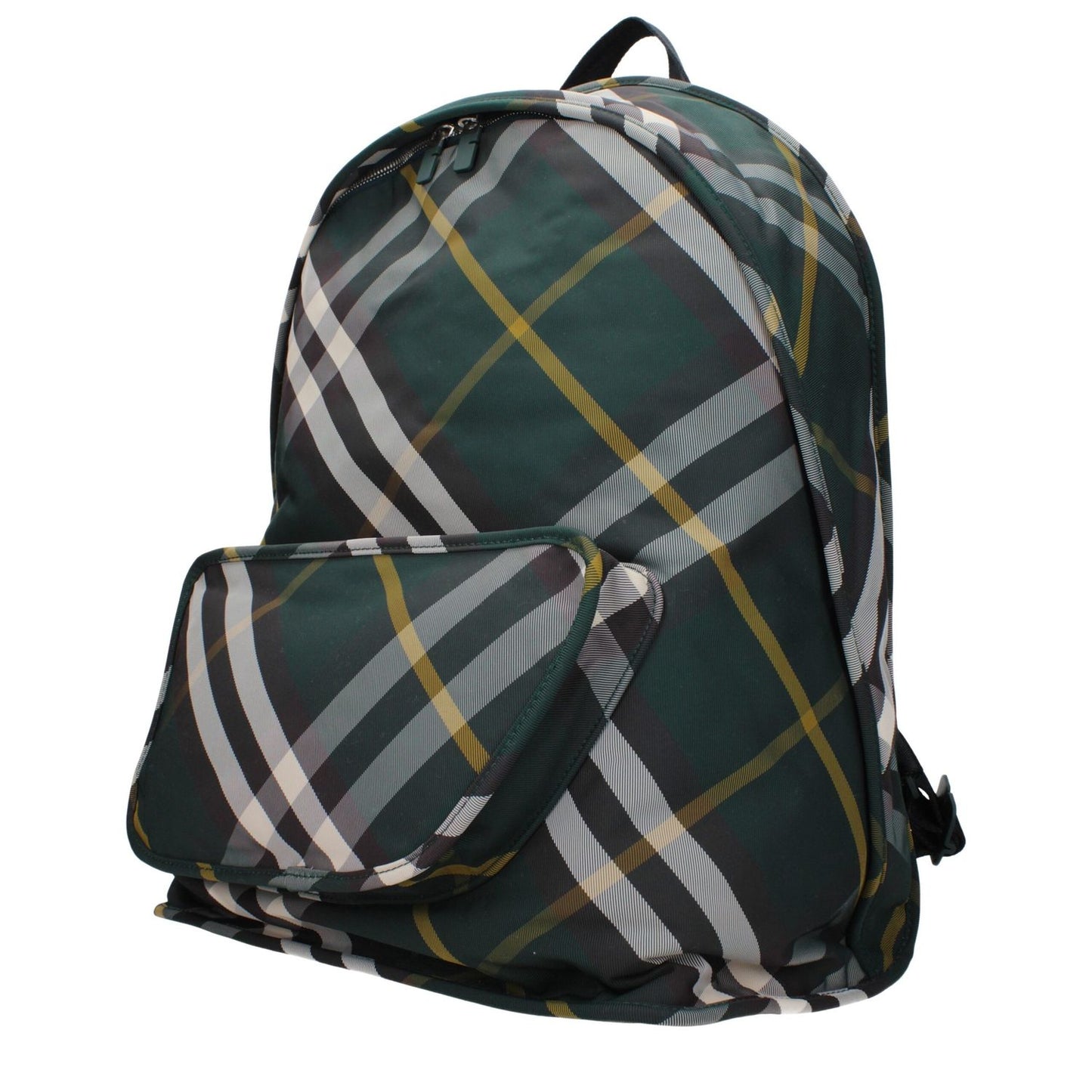 Burberry Green Fabric Large Backpack with plaid design and adjustable straps, featuring zip closure and multiple pockets, 33x44x17 cm.