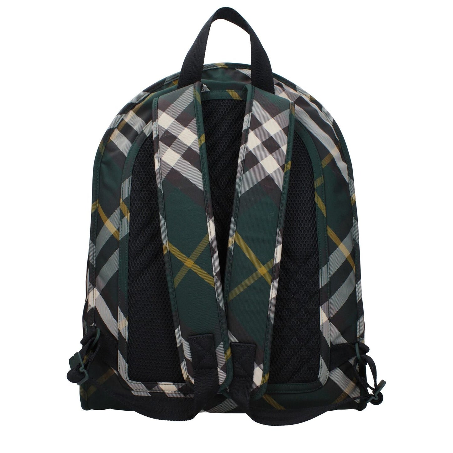 Burberry Green Fabric Large Backpack with adjustable straps and zip closure, featuring a plaid pattern in green and silver.