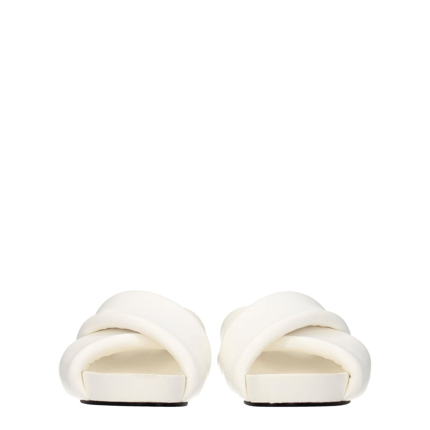 Front view of Jil Sander White Leather Slippers featuring open toe and mid heels with vintage effect.
