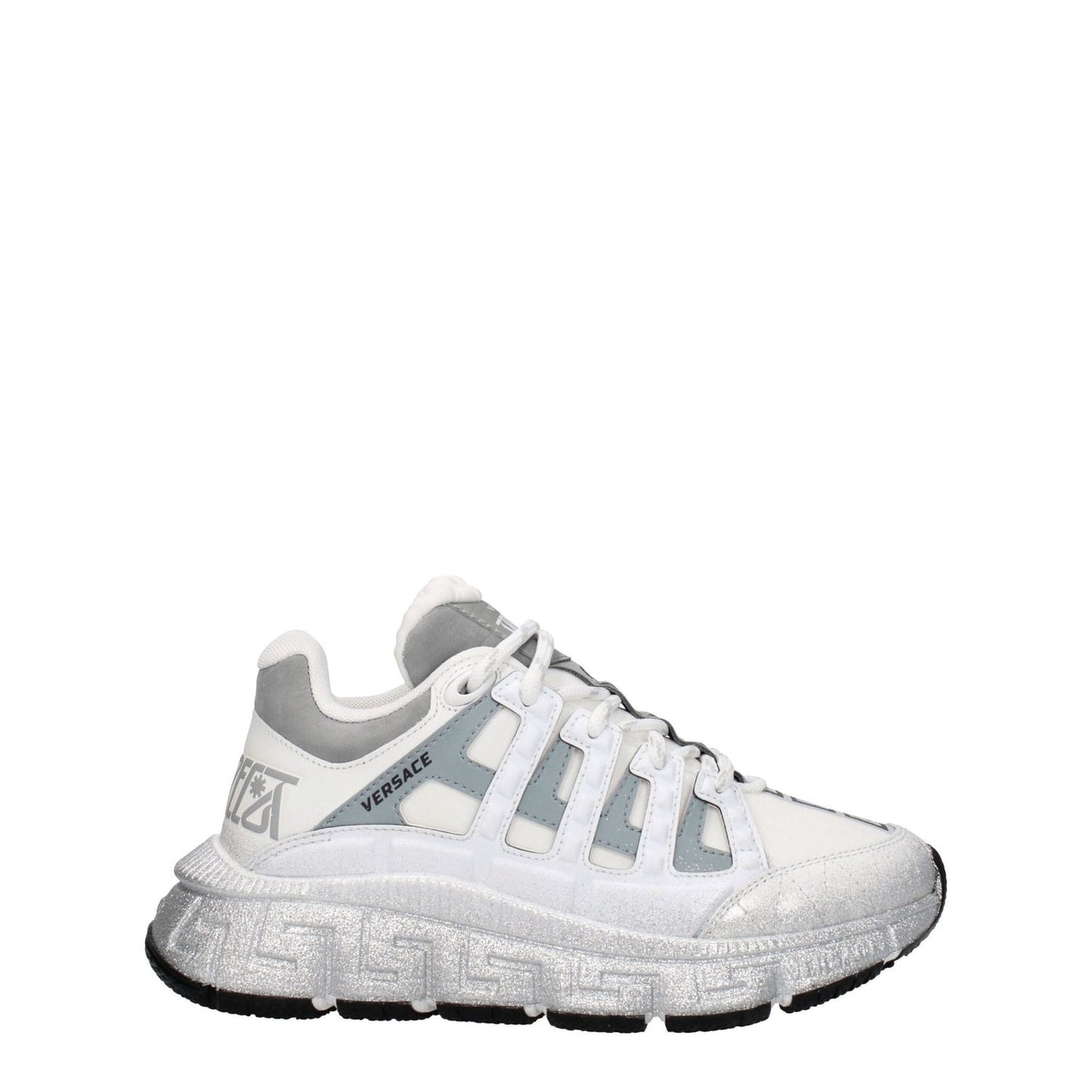 Versace White Fabric Athletic Sneakers with logos and lace-up closure, leather materials, rubber sole, 5 cm heel, round toe, silver accents.