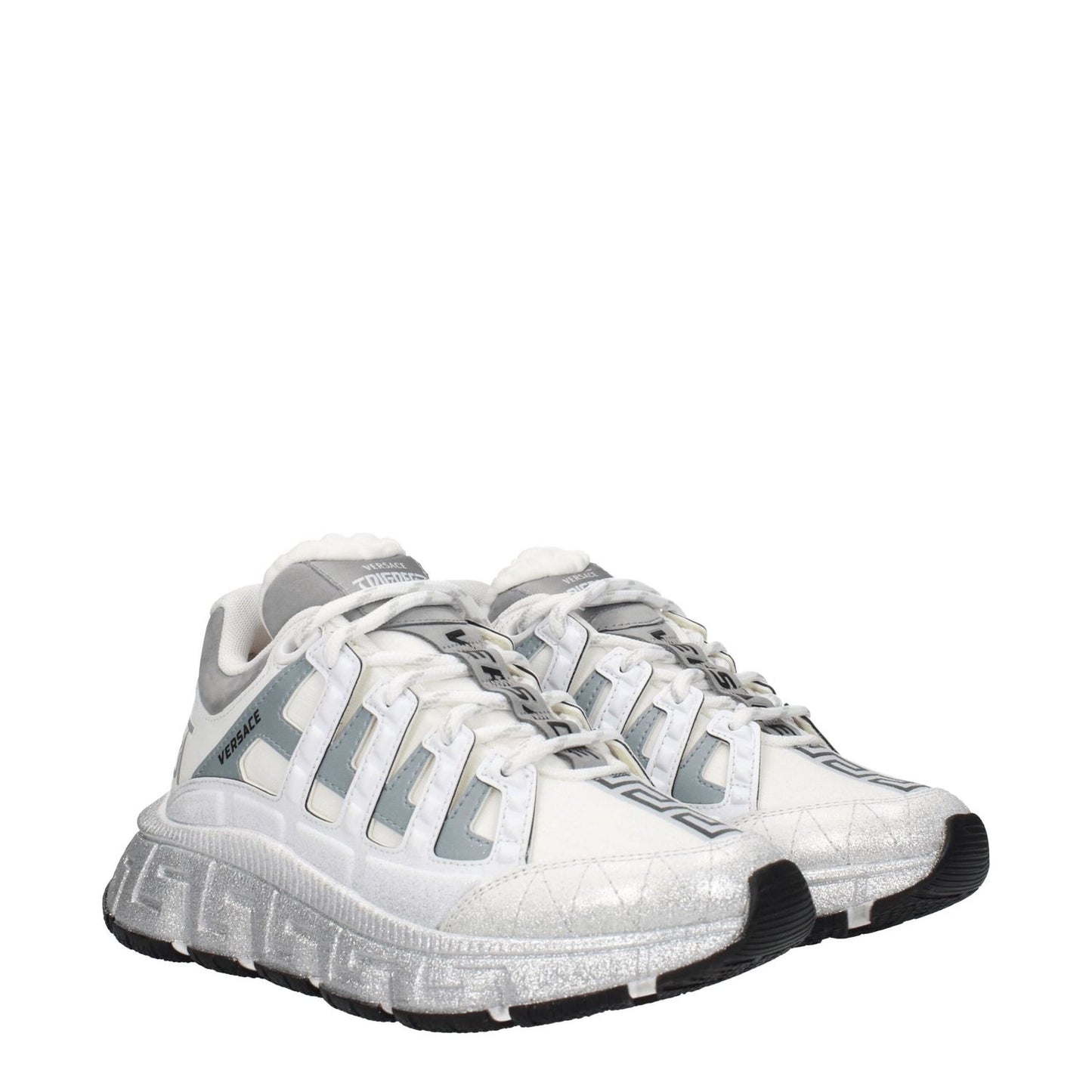 Versace White Fabric Athletic Sneakers with logos, lace-up closure, rubber sole, mid heel, and round toe design.