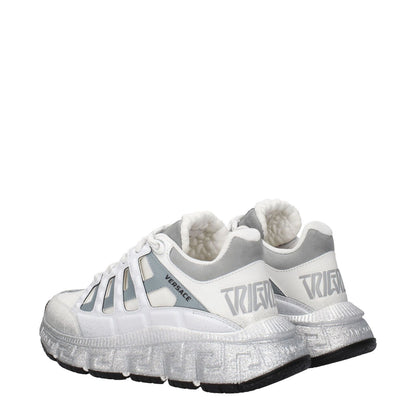 Versace White Fabric Athletic Sneakers with logos and silver accents, featuring rubber sole, round toe, lace-up closure, and mid heels.