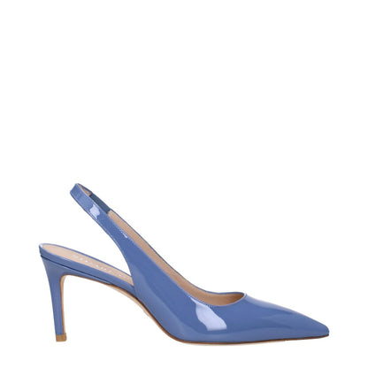 Stuart Weitzman Light Blue Leather High Heel Pumps with pointy toe design and mid heels, made from patent leather.