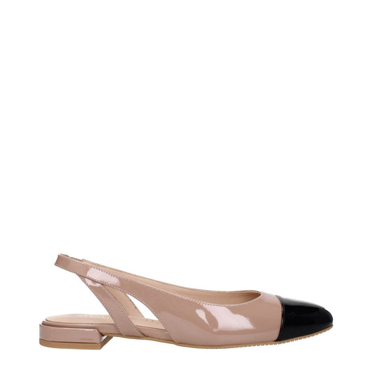 Stuart Weitzman Pink Leather Ballet Flats with black toe, patent leather, and rubber sole. Style: Casual, fit: C, low heel, fawn accents.