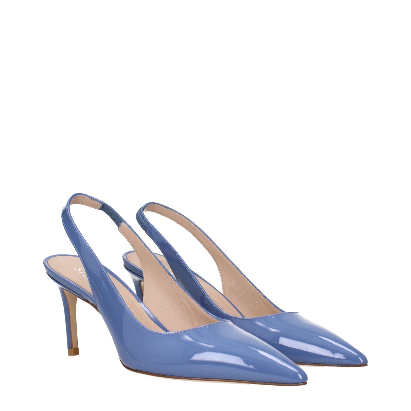 Stuart Weitzman Light Blue Leather High Heel Pumps with patent finish and pointy toe for a chic look.