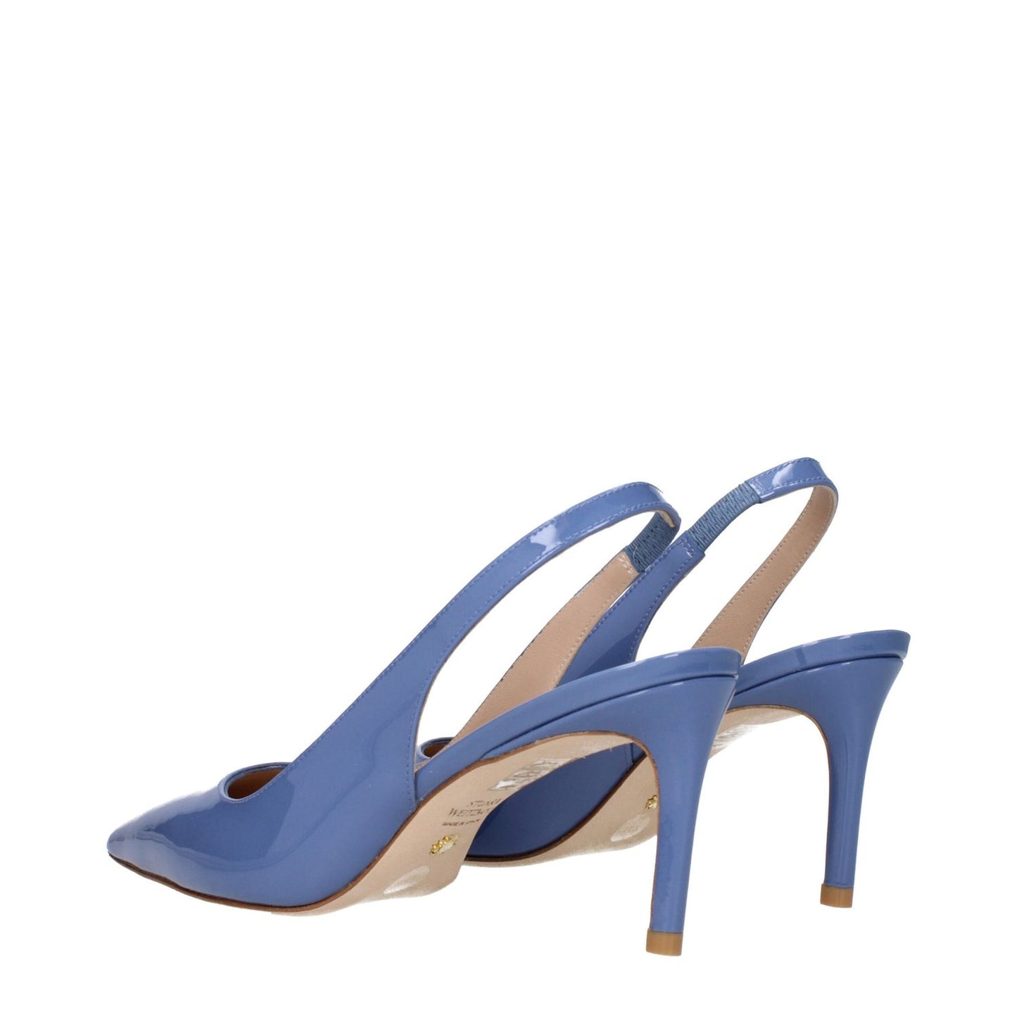 Stuart Weitzman Light Blue Leather High Heel Pumps with pointy toe and mid heels, side view.